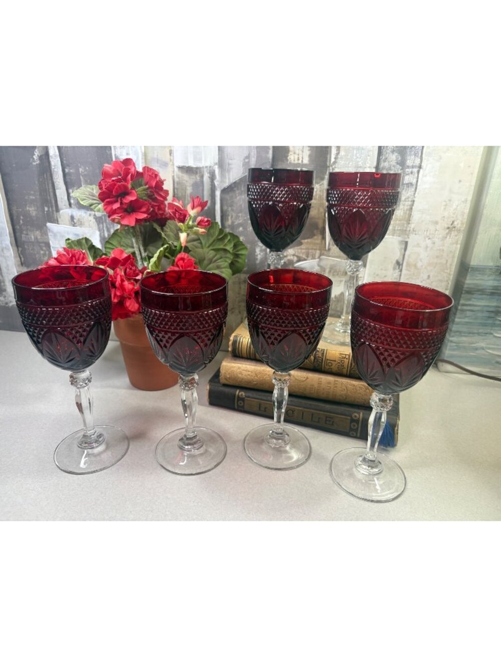 Cristal D' Arques-Durand "Antique" Ruby Red Wine Water Goblets Set of 6